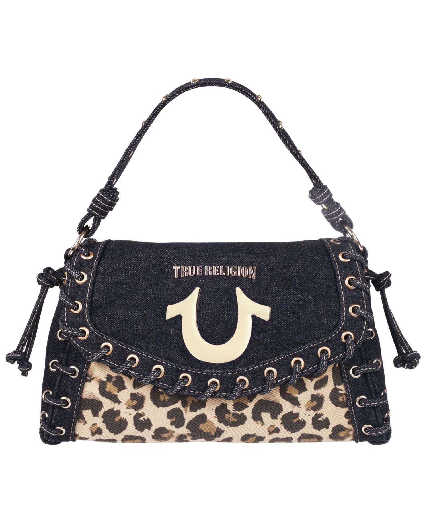 Denim Leopard Eyelet Trim Flap Bag