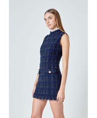 Women's Lace Detail Tweed Mini Dress