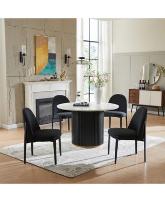 Glam 5-Piece Wood Round Dining Table with Black Boucle Chairs Metal Legs Dining Room Set for Kitchen