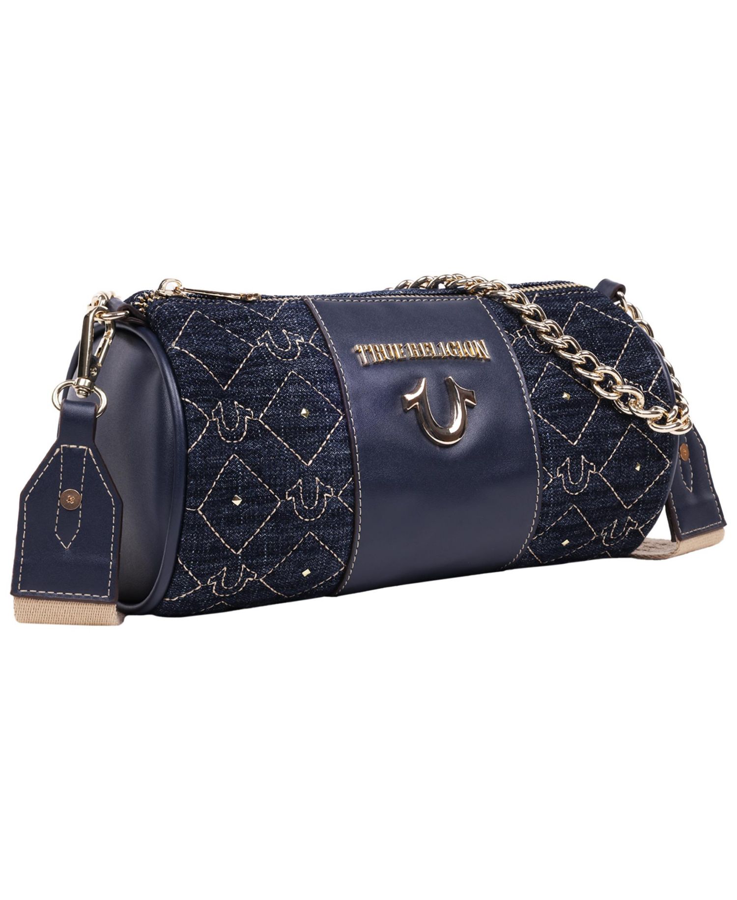 Studded Denim Zip Top Barrel Bag