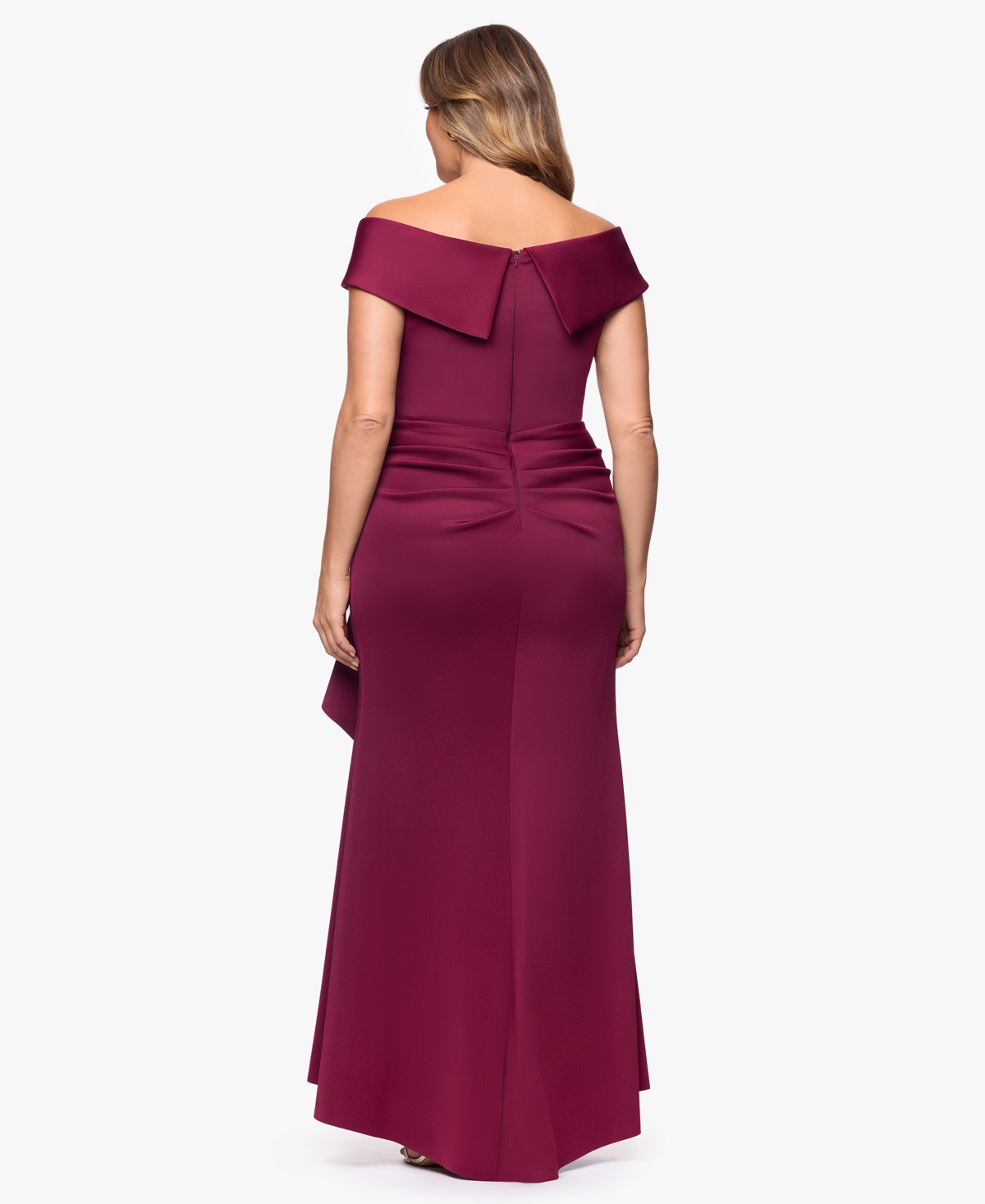 Xscape Plus Size Off-the-shoulder Scuba Crepe Gown In Burgundy