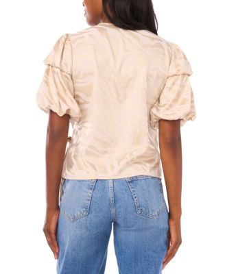 Women's Bubble Sleeve V-Neck Wrap Tie Top