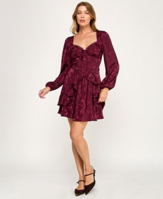 Juniors' Long Sleeve Satin Jacquard Dress