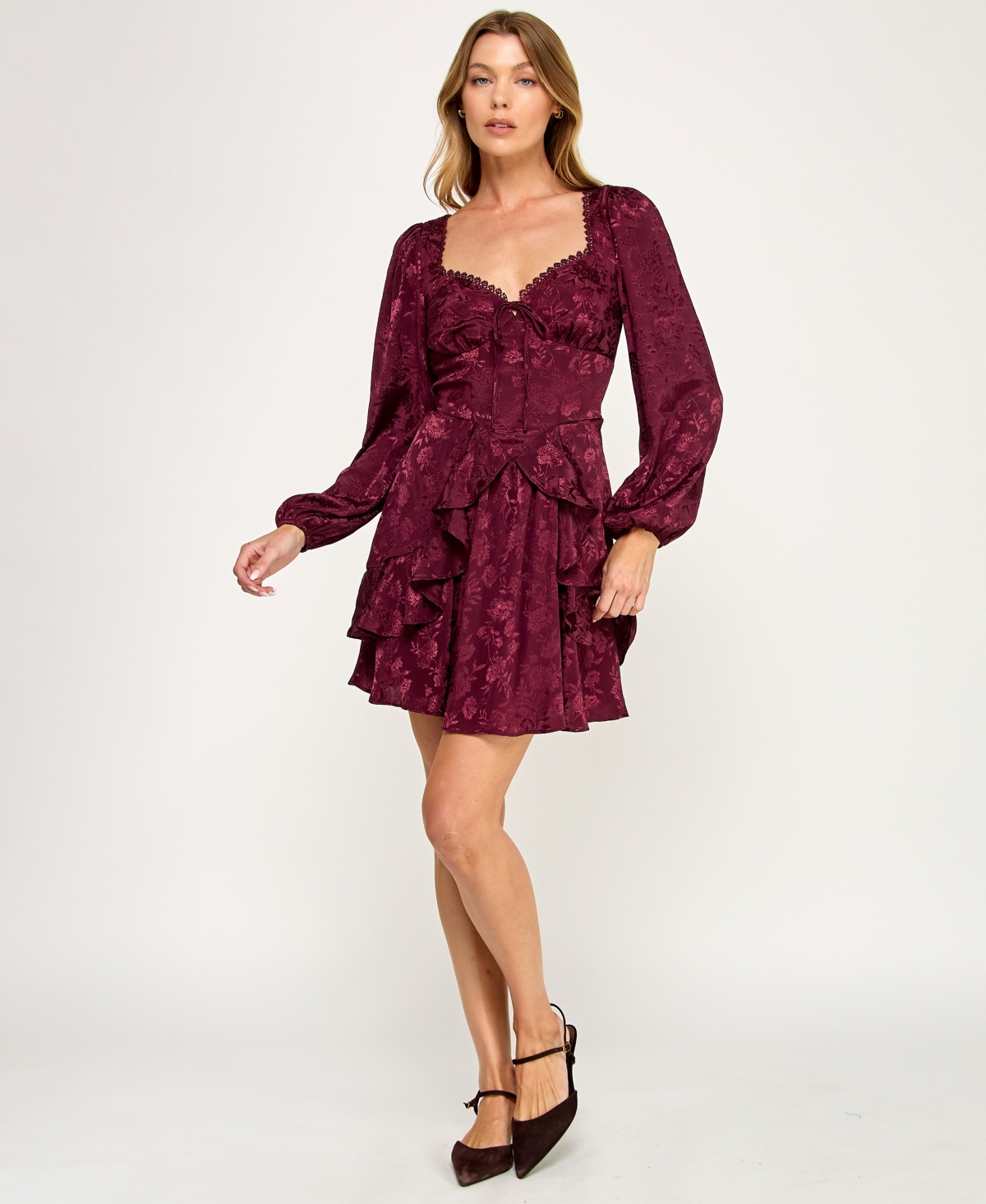 Row A Juniors' Long Sleeve Jacquard Dress In Burgundy