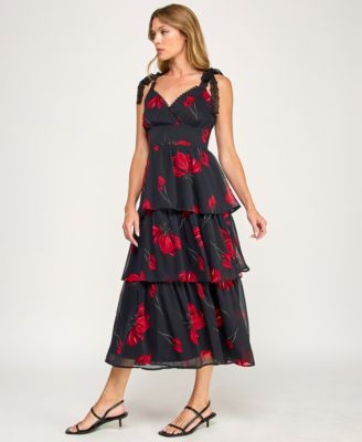 Juniors' Sleeveless Tiered Floral Midi Dress