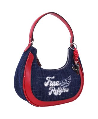 Wing Motif Denim Hobo Bag with Red Trim