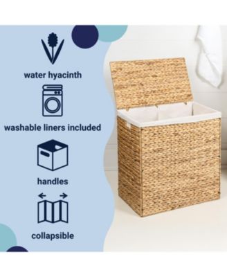 Sawyer 24" Classic Farmhouse Hand-Woven Hyacinth 2-Section Collapsible Laundry Hamper with Washable Liner