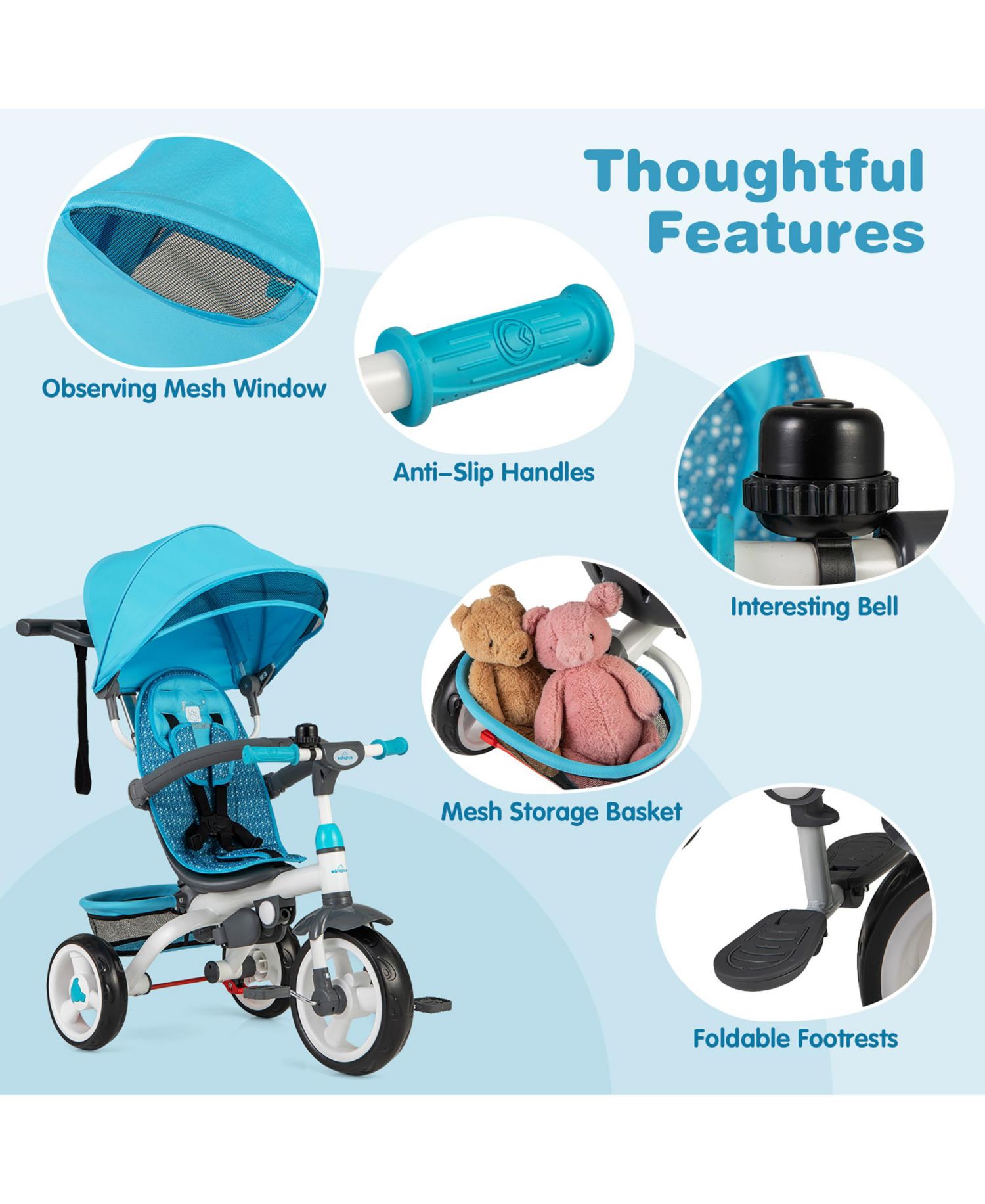 Toddler Tricycle Stroller 6-in-1 Push Trike w/ Removable 5-Position Canopy