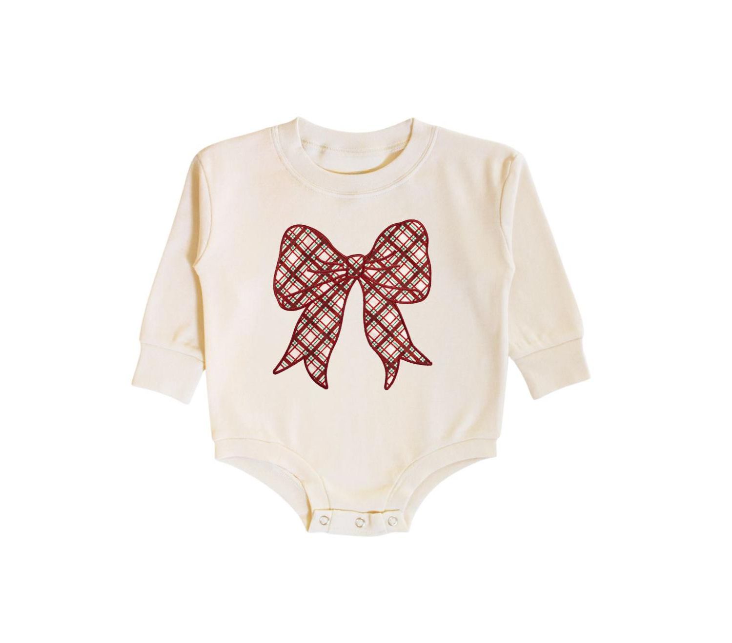 Baby Girls Christmas Plaid Bow Patch Long Sleeve Romper