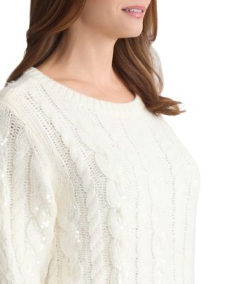 Petite Sequin Cable Crew Neck Sweater