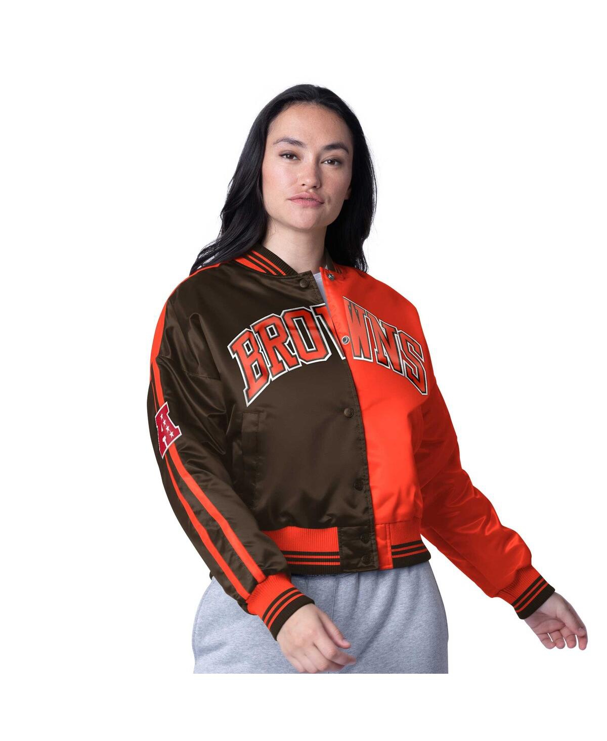 Starter Women's Brown/orange Cleveland Browns Zone Blitz Cropped Full-snap Satin Jacket In Multi