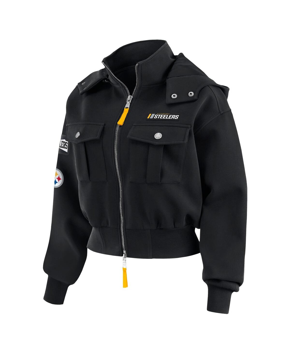 Wear By Erin Andrews Women's Black Pittsburgh Steelers Patch Pocket Cropped Full-zip Bomber Jacket In Black
