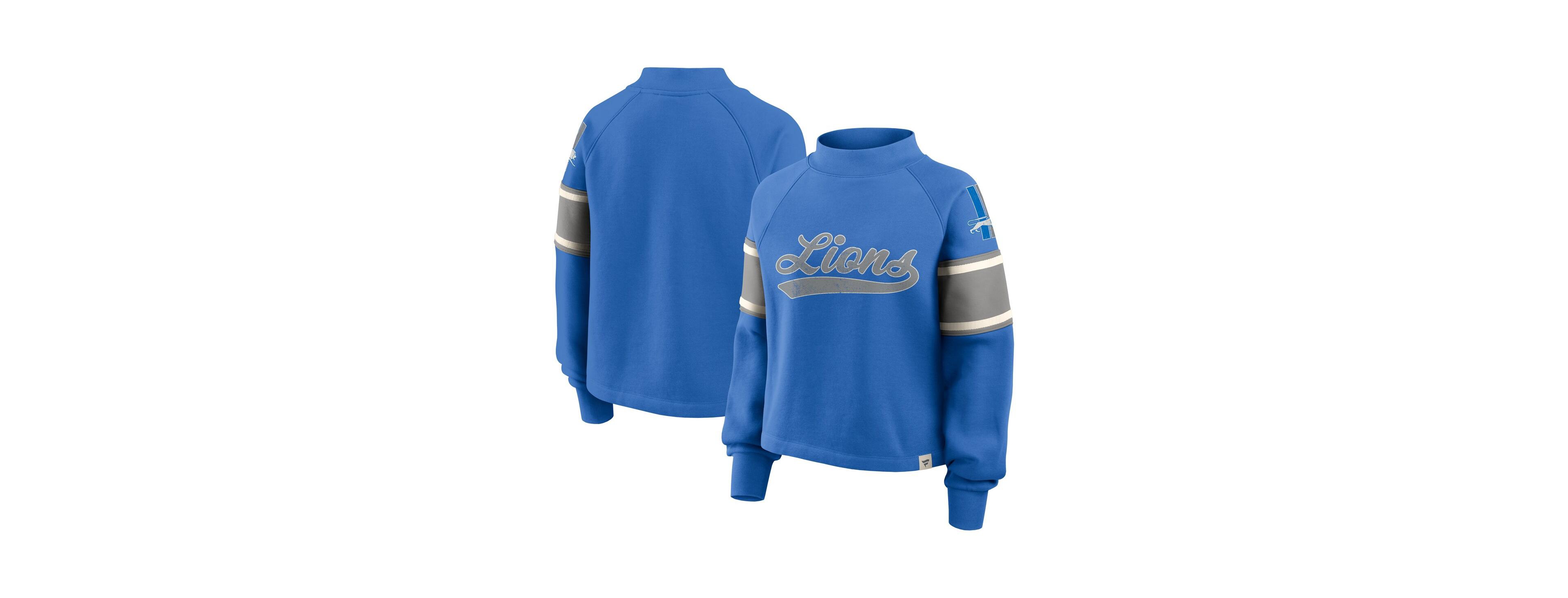 Fanatics Women's Blue Detroit Lions Oversized Hometown Toss Sweep Mock Neck Pullover Hoodie