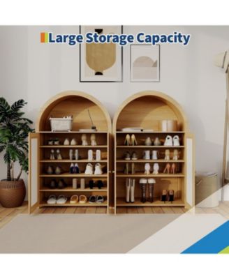 5 Tier Arched Shoe Storage Cabinet with Rattan Doors, Farmhouse Freestanding Shoe Rack Cabinet with Adjustable Shelves for Entryway, Natural Wood