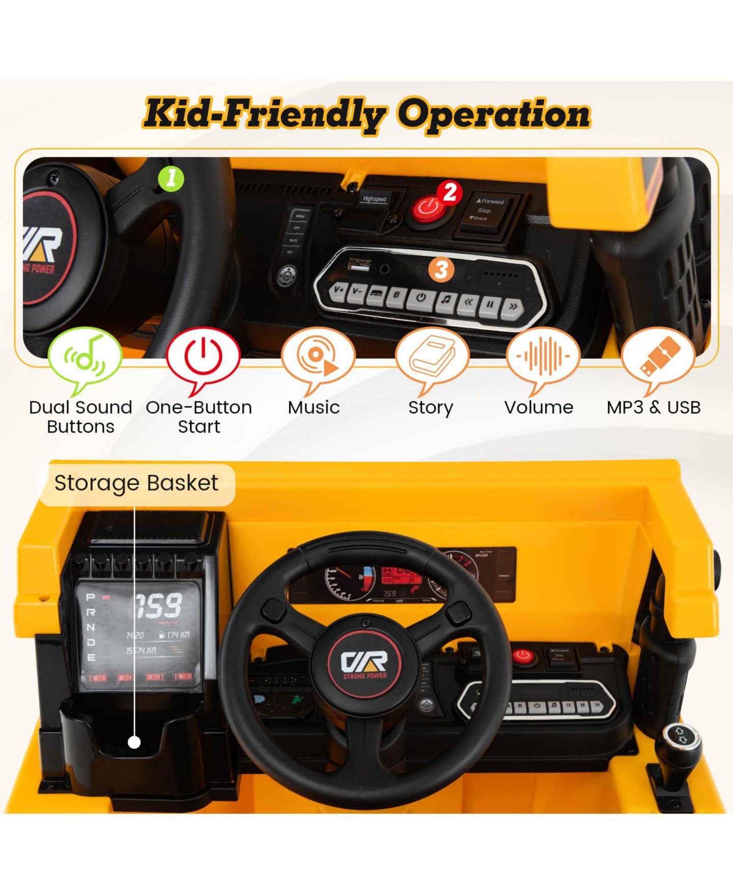 Детская игрушка HONGGE 12V Ride On Dump Truck with Motorized Dump Bed and Remote Control, Ages 3-7, цвет: Жёлтый — фото 3