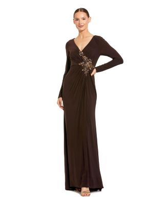 Women's Faux Wrap Long Sleeve Evening Gown with Appliqu&eacute; Detail