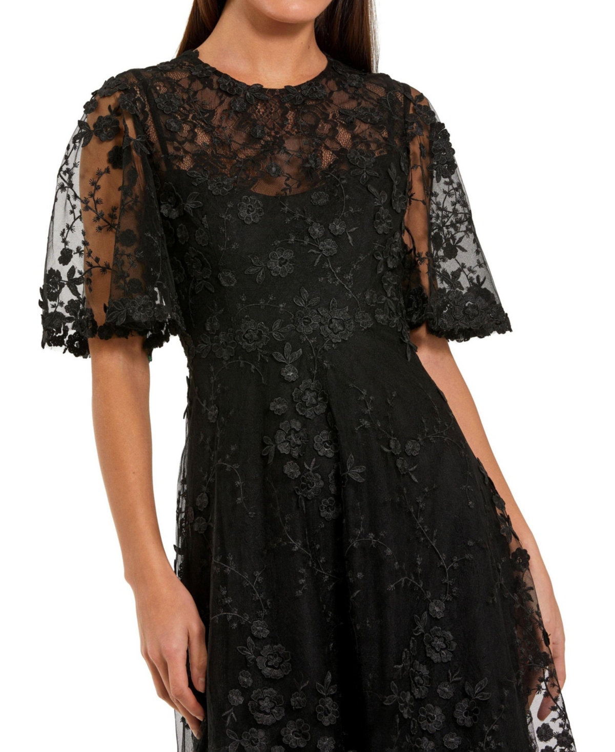 Mac Duggal Women's Flutter Sleeve Embroidered Midi Dress