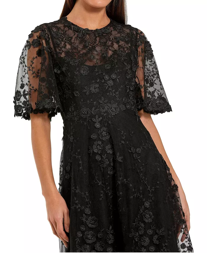 Women's Flutter Sleeve Embroidered Midi Dress - thumbnail 4