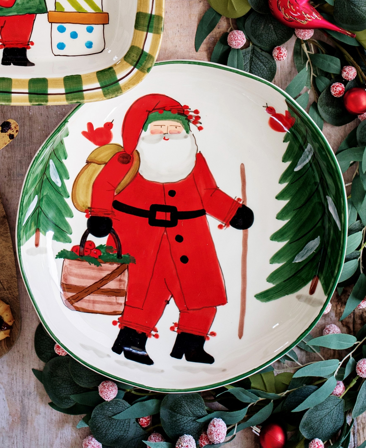 Vietri Old St. Nick Shallow Bowl With Apple Basket In Red