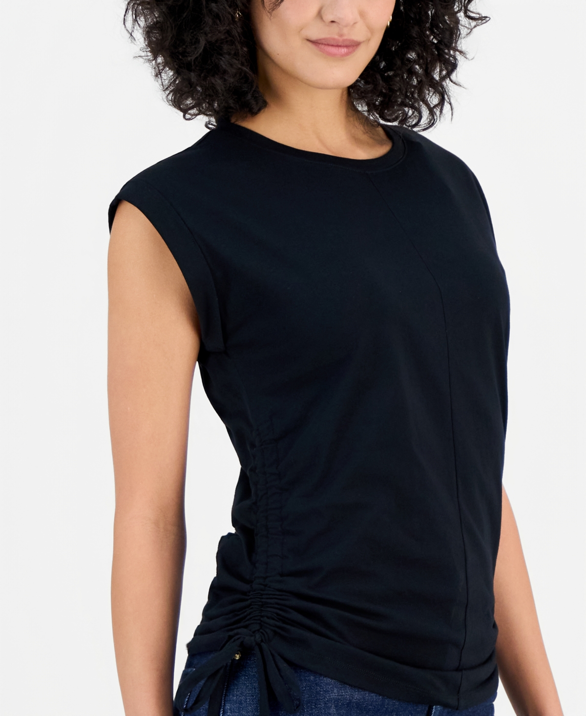 Inc International Concepts Women's Printed Drawstring-side Top, Macy's Exclusive In Black