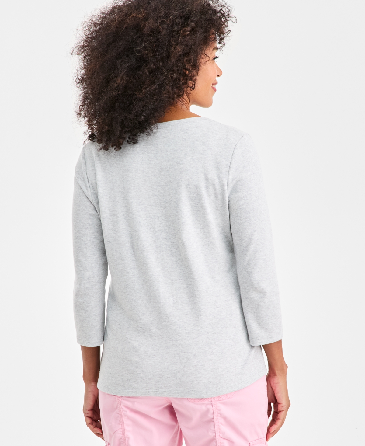 Style & Co Petite Cotton Knit Henley 3/4-sleeve Top, Created For Macy's In White
