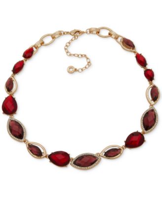 Glass Stone Navette Gold-Tone Teardrop Necklace