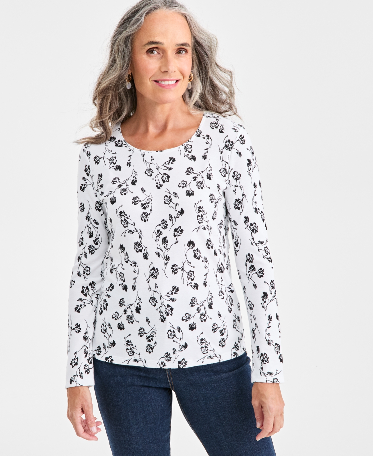 Style & Co Women's Printed Long-Sleeve Scoop-Neck Top, Macy's Exclusive