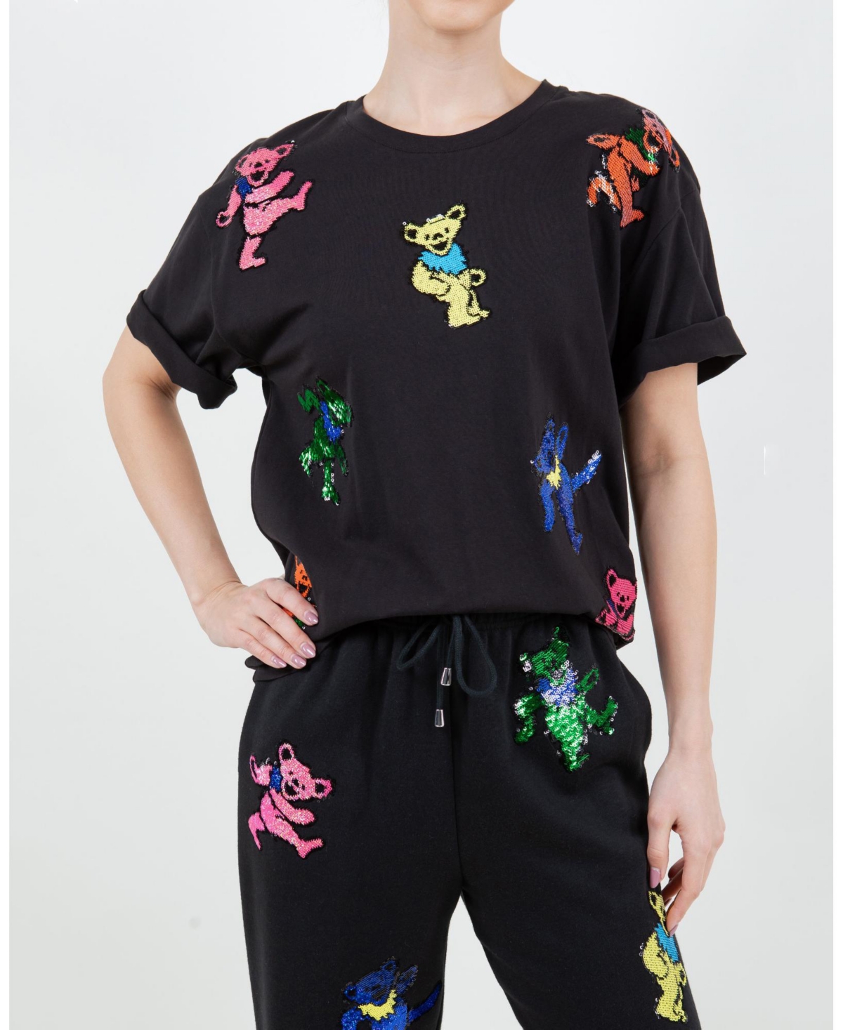 Meghan Fabulous Women's Grateful Dead Dancing Bears Sequin Relaxed T-Shirt
