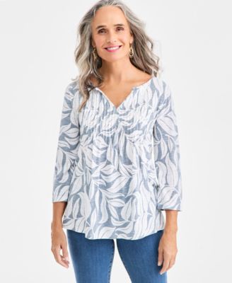 Style & Co - Women's Printed Split-Neck Pintucked Knit Top