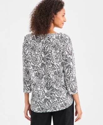 Women's Printed Split-Neck Pintucked Knit Top
