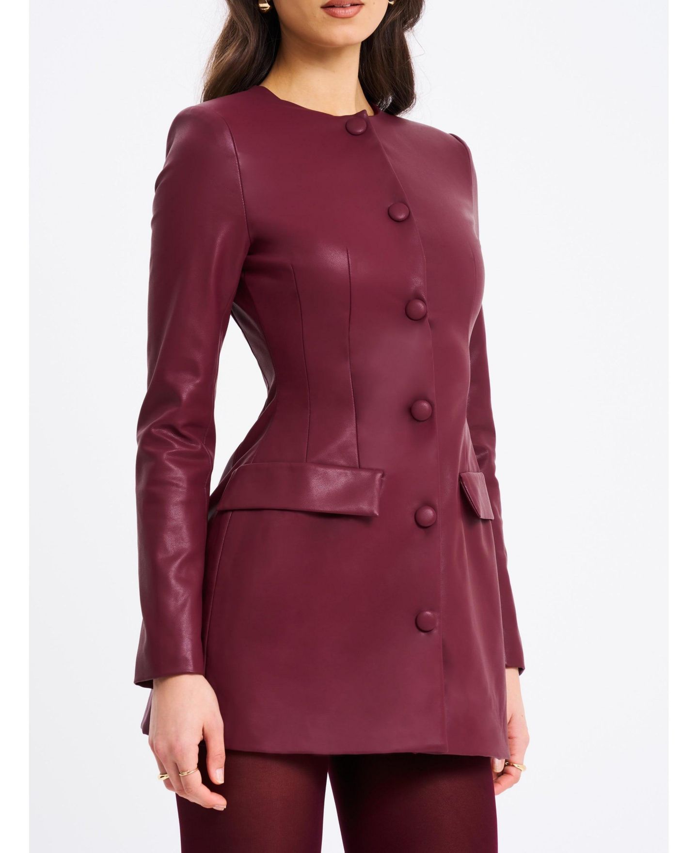 Женское платье Miss Circle Women Baila Burgundy Faux Leather Blazer Mini, цвет: Тёмный бордовый — фото 7