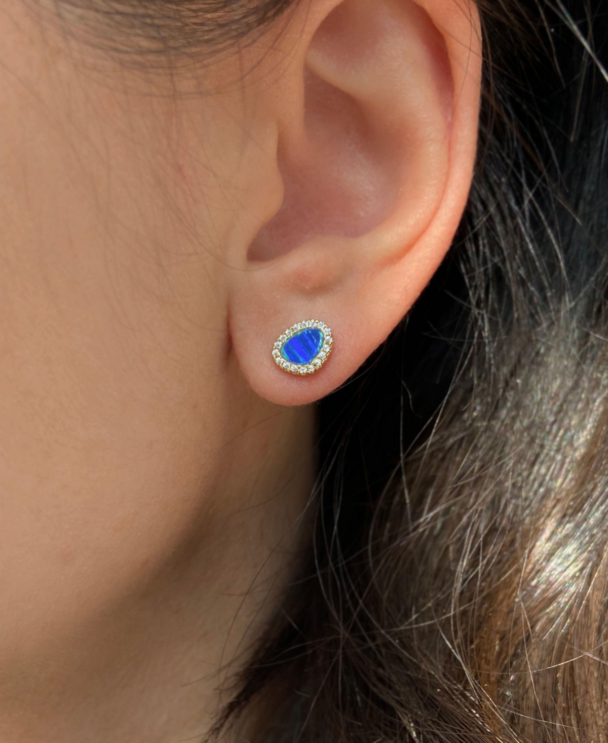 Kamaria Pebble Stud Earrings With Lab-grown Opal In 14k Gold Plated Sterling Silver In Blue