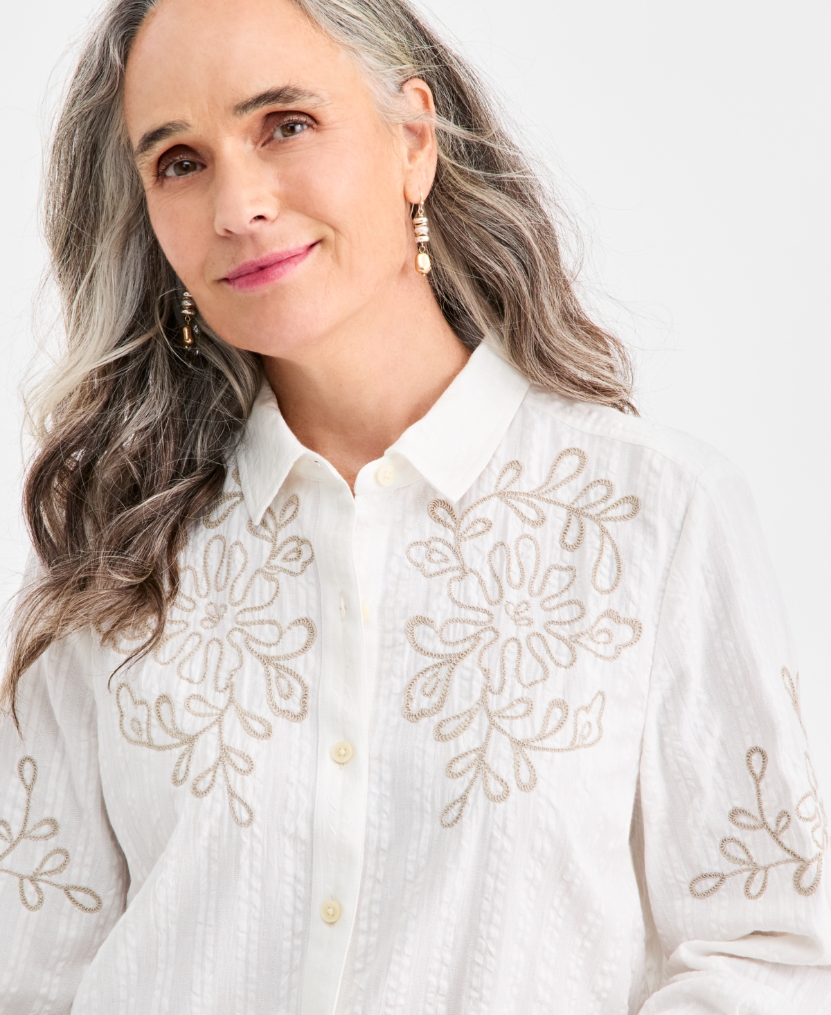 Style & Co Women's Cotton-Blend Embroidered Tonal-Stripe Blouse, Macy's Exclusive