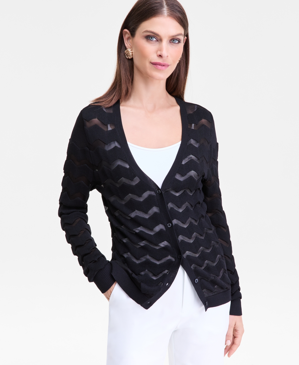 Inc International Concepts Women's Chevron Stitch Cardigan, Macy's Exclusive In Black