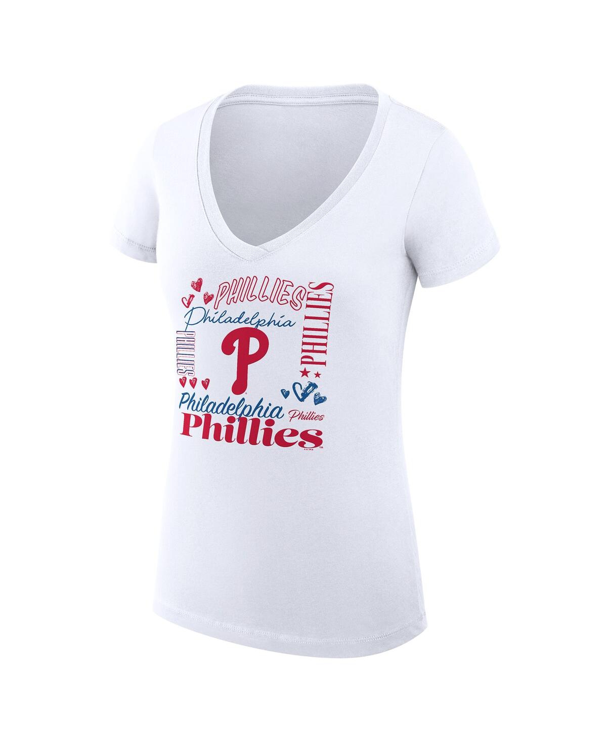 G-iii 4her By Carl Banks Women's White Philadelphia Phillies Super-slim Fit Lightweight Collage Team Graphic V-neck T-shirt In White