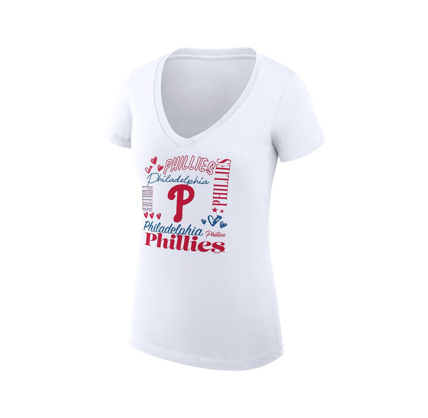 Women's White Philadelphia Phillies Super-Slim Fit Lightweight Collage Team Graphic V-Neck T-Shirt