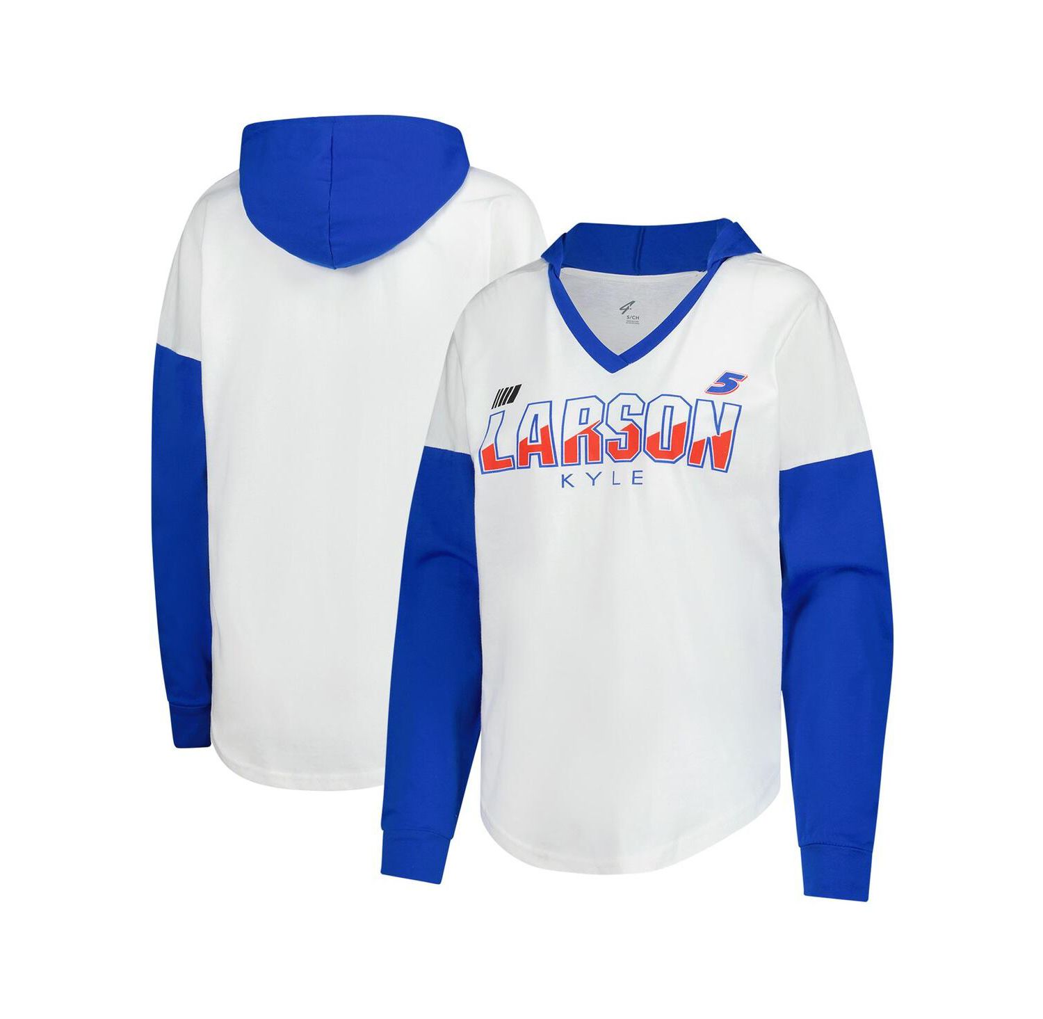Women's White/Royal Kyle Larson Bench Player Oversized Long Sleeve Hoodie V-Neck T-Shirt