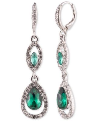 Rhodium Emerald Silver-Tone Double Drop Earrings