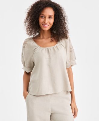 Charter Club - Women's Linen Scalloped-Cuff Scoop-Neck Top