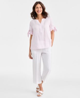 Women's 100% Linen Tie-Cuff Split-Neck Top