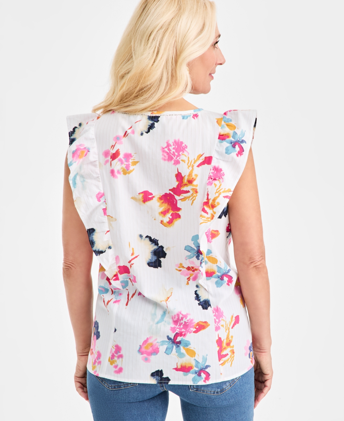 Style & Co Women's Floral-Print Metallic-Stripe Top, Macy's Exclusive