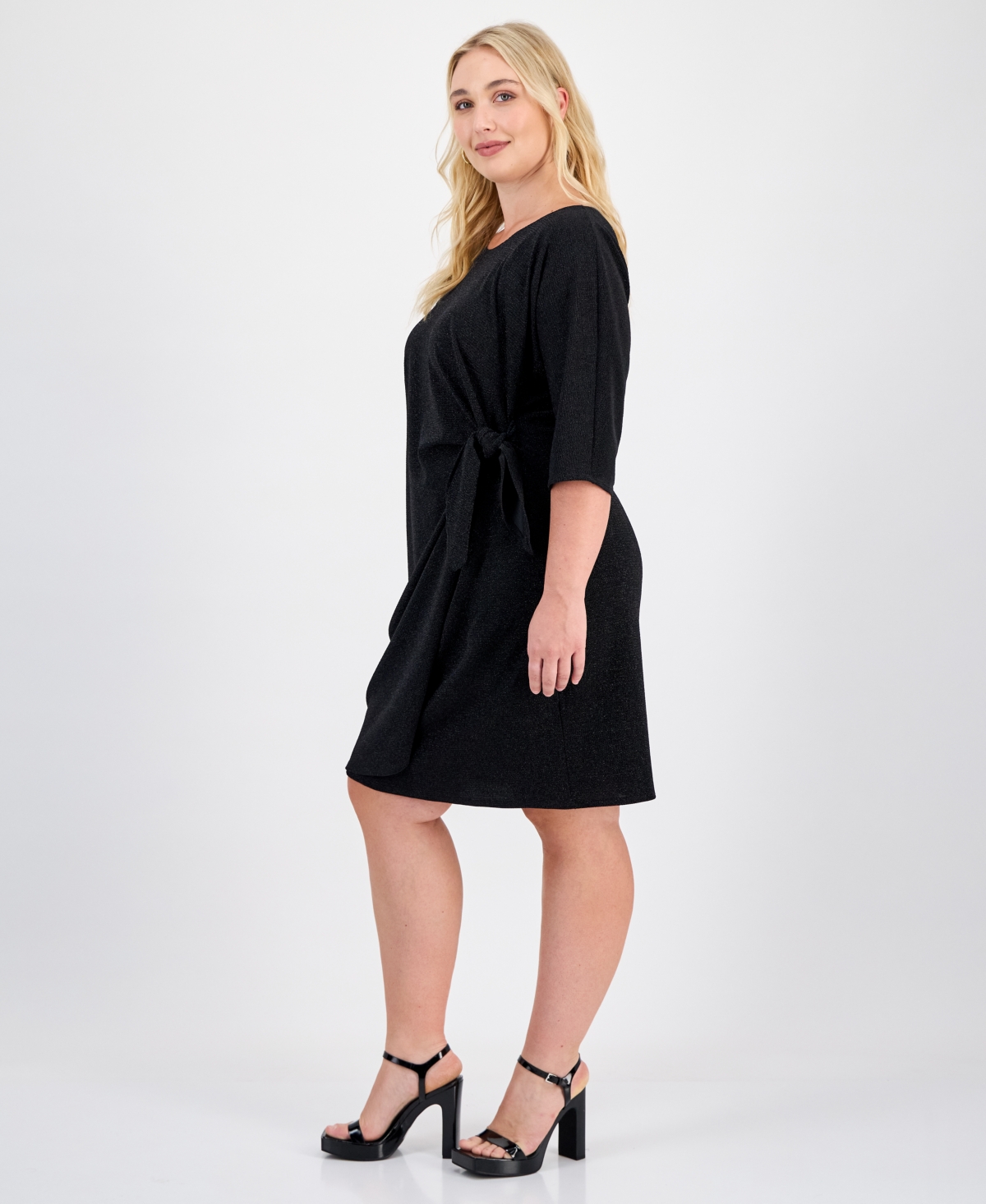 Robbie Bee Plus Glitter-Knit 3/4-Sleeve Sarong Dress