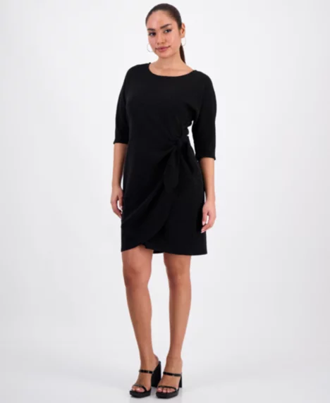 Petite Glitter-Knit 3/4-Sleeve Sarong Dress - Black