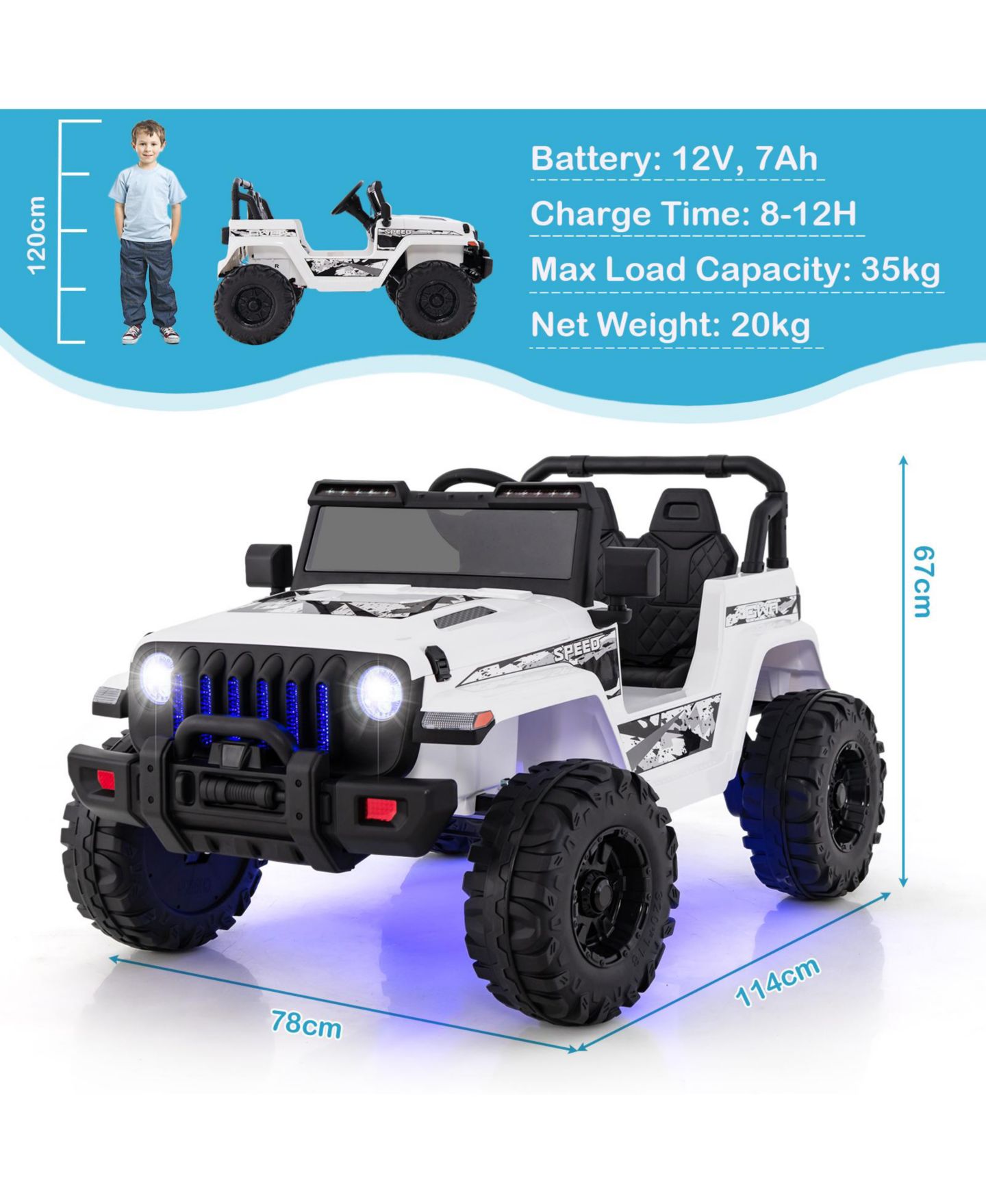 Детская игрушка HONGGE 12V Ride-On Jeep with Remote Control and LED Headlights, Ages 3+, цвет: Белый — фото 3