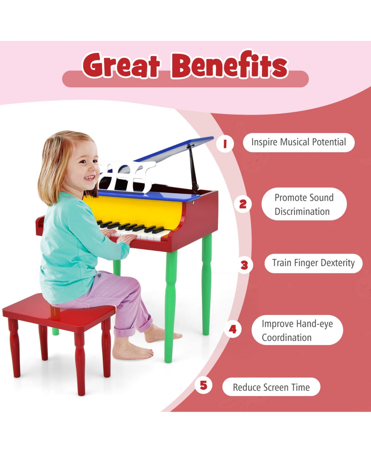 30-Key Wooden Toy Kids Grand Piano with Bench and Music Rack