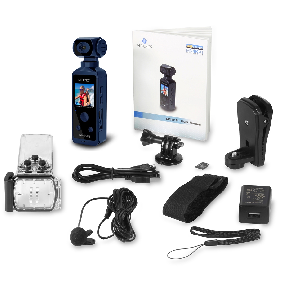 Minolta MN4KP1 4K Ultra Hd Wi-Fi Enabled Pocket Camcorder, Blue Bundle with 32GB microSD Card, Cleaning Kit