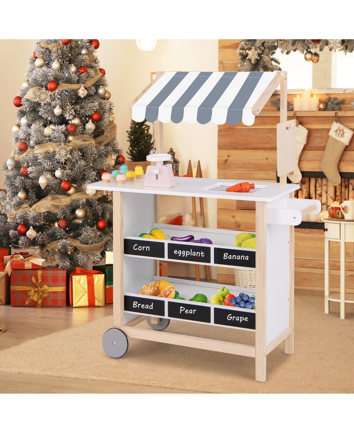 Kids Wooden Ice Cream Cart with Chalkboard and Storage, Ages 3+