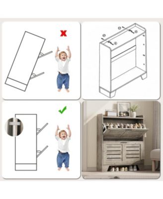 Shoe Storage Cabinet with 2 Flip Drawers, Narrow Shoe Cabinet for Entryway, Freestanding Hidden Slim Shoe Organizer Cabinet with Hooks, Gray