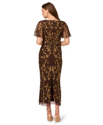 Women's V-Neck Embellished Flutter-Sleeve Dress