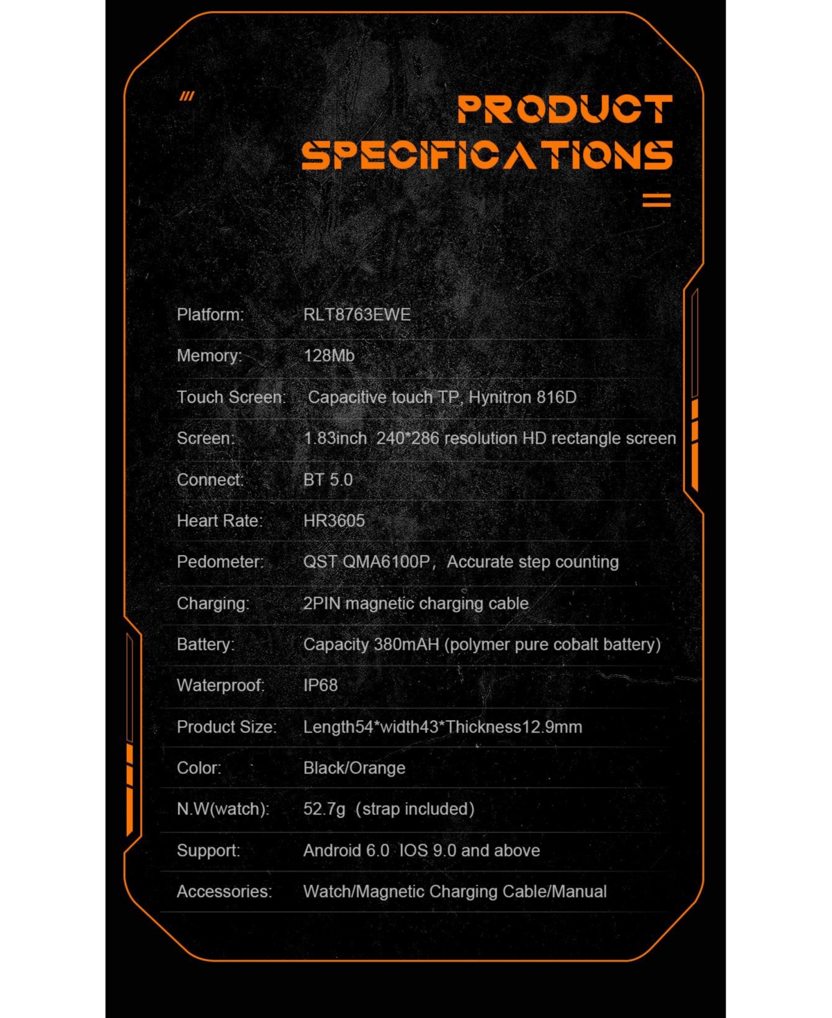 Ruxing Smart 1.83'' Bluetooth Call Heart Rate Monitoring Information Push Bracelet Outdoor Sports for Women Men -Orange